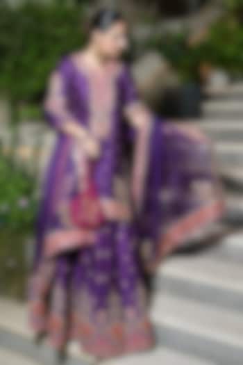 Deep Purple Silk Chanderi Boota Embroidered Bridal Sharara Set by Sheetal Batra at Pernia's Pop Up Shop