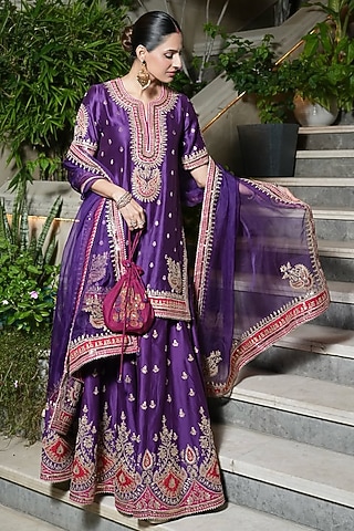 Deep Purple Silk Chanderi Boota Embroidered Sharara Set by Sheetal Batra