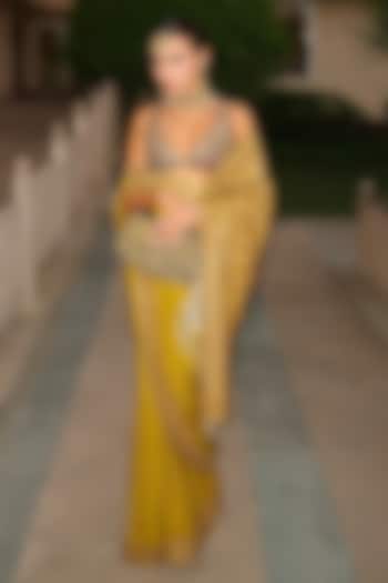 Yellow & Purple Raw Silk Embroidered Bridal Saree Set by ITRH at Pernia's Pop Up Shop