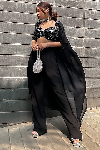 Black Organza Hand Embroidered Cape Set by Chamee and Palak