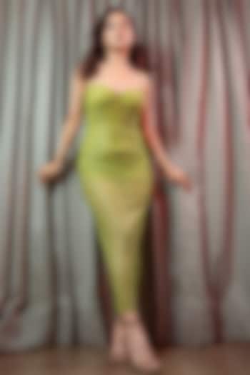 Neon Green Net Crystal Embellished Corset Party Wear Dress by ITRH at Pernia's Pop Up Shop