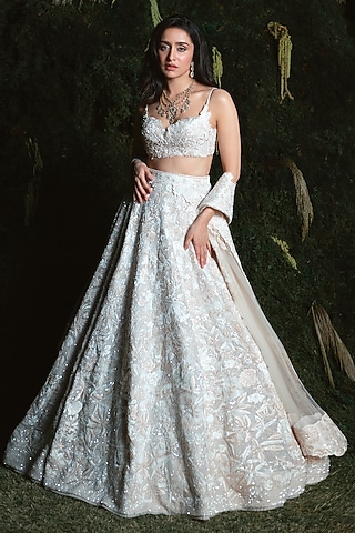 Ivory Organza Sequins Floral Lehenga Set by Mishru
