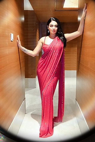 Magenta Pink Net Crystal Embellished Pre-Stitched Saree Set by ITRH