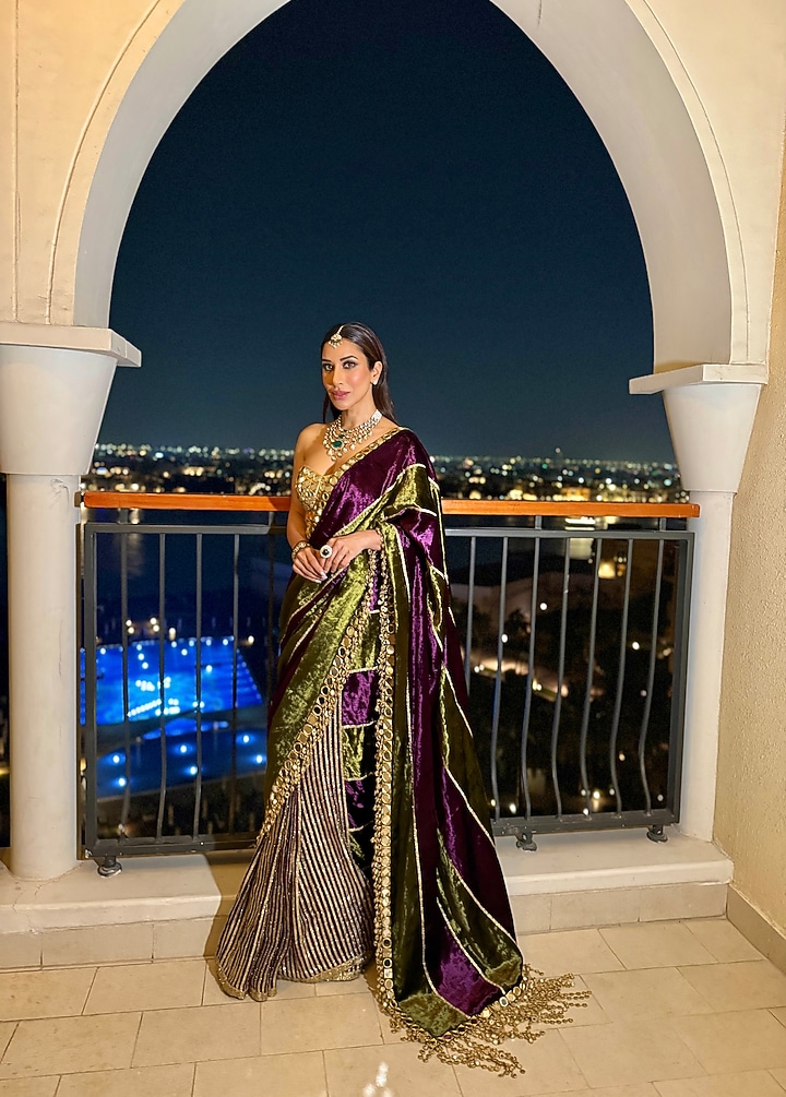 Olive Green & Purple Velvet Bridal Saree Set by ITRH at Pernia's Pop Up Shop