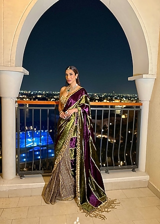 Olive Green & Purple Velvet Saree Set by ITRH