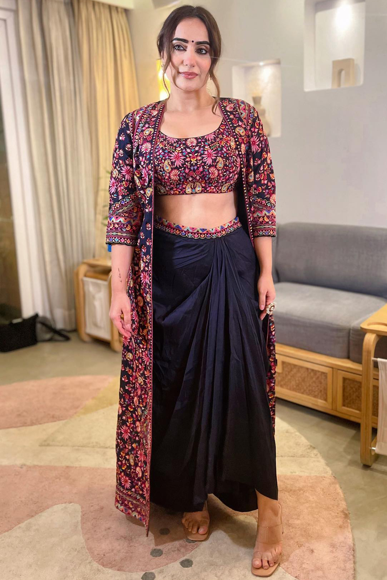 Black Crepe Draped Skirt Set by Chamee and Palak at Pernia's Pop Up Shop