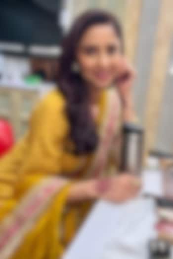 Mustard Upada Silk Pearl Embellished Bandhej Long A-Line Kurta Set by Sheetal Batra at Pernia's Pop Up Shop