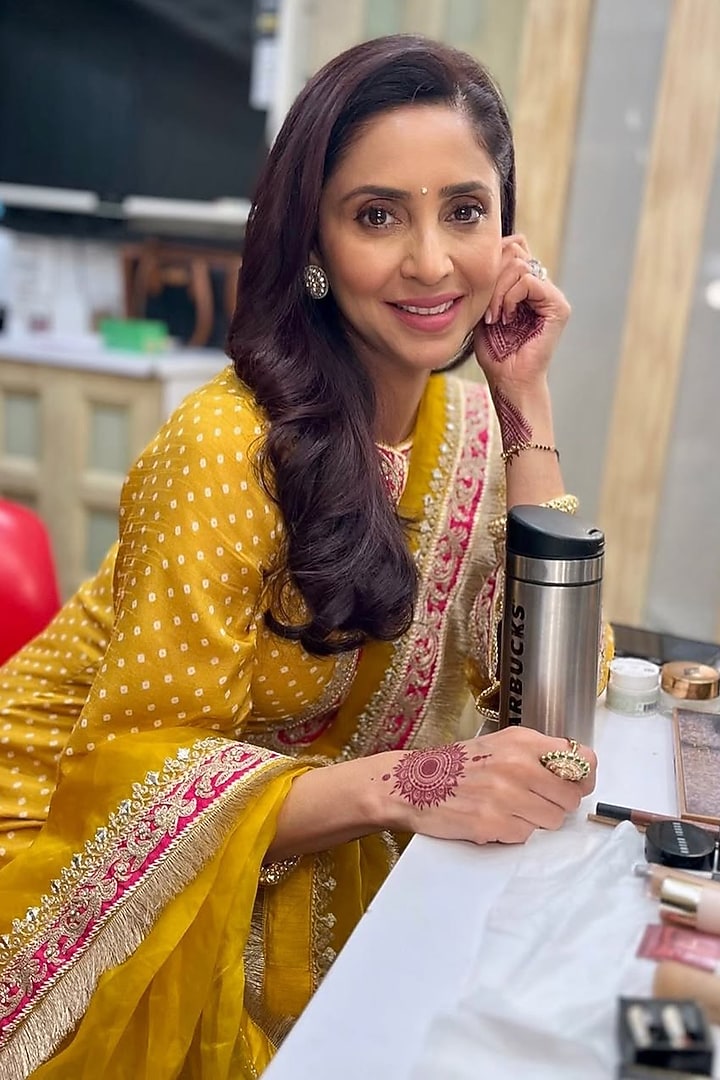 Mustard Upada Silk Pearl Embellished Bandhej Long A-Line Kurta Set by Sheetal Batra at Pernia's Pop Up Shop