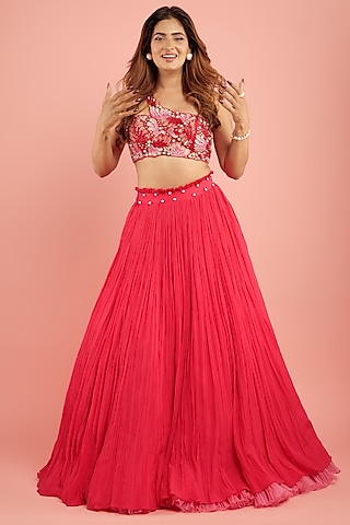 Fuchsia Pink Georgette Lehenga Set by Anshika Tak Label