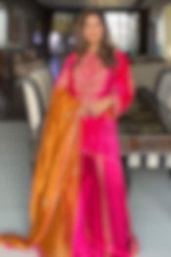 Hot Pink Satin Silk Embroidered Wedding Sharara Set by Sheetal Batra at Pernia's Pop Up Shop