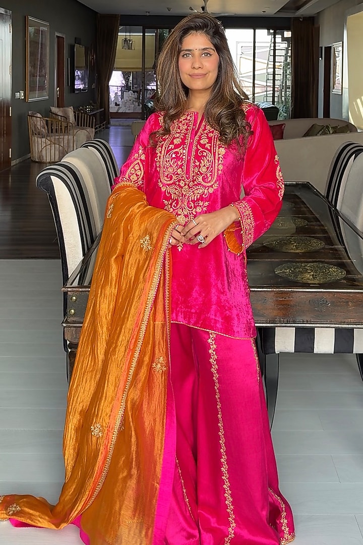 Hot Pink Satin Silk Embroidered Wedding Sharara Set by Sheetal Batra at Pernia's Pop Up Shop