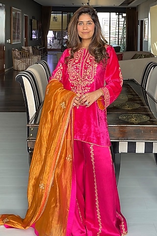 Hot Pink Satin Silk Embroidered Sharara Set by Sheetal Batra