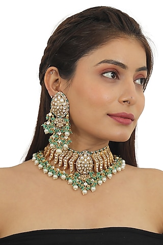 Gold Plated Necklace Set With Beads by Riana Jewellery