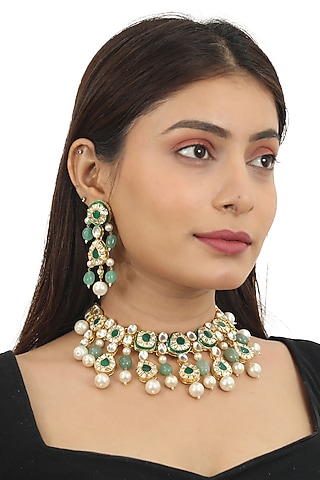Gold Finish Meenakari Necklace Set by Riana Jewellery