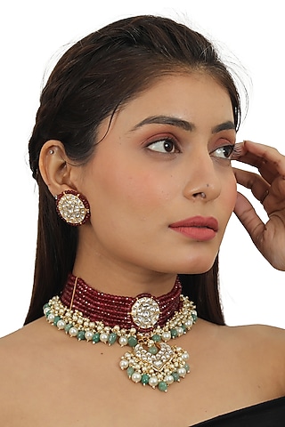 Gold Plated Jadtar Stone Necklace Set by Riana Jewellery