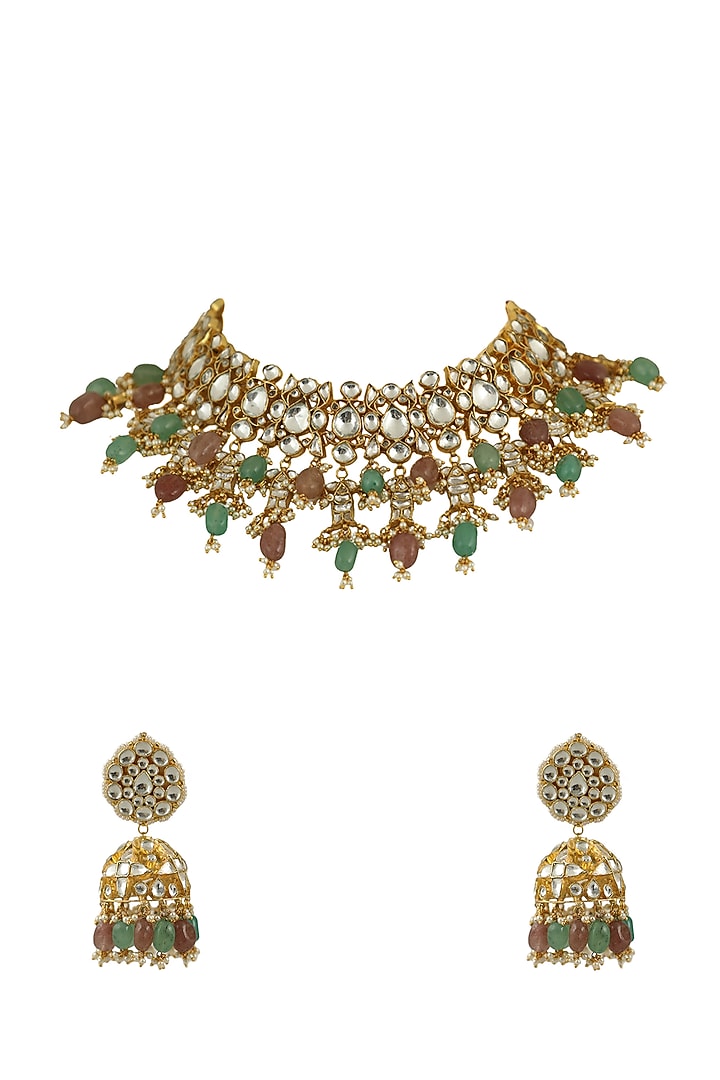 Gold Plated Pastel Pink Beaded Necklace Set by Riana Jewellery at Pernia's Pop Up Shop
