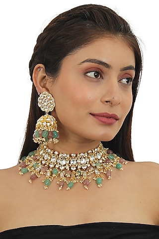Gold Plated Pastel Pink Beaded Necklace Set by Riana Jewellery