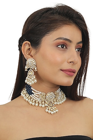 Gold Finish Meenakari Choker Necklace Set by Riana Jewellery
