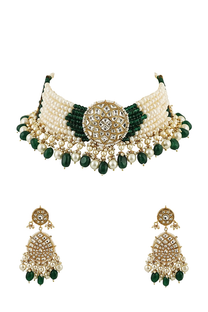 Gold Finish Choker Necklace Set With Beads by Riana Jewellery at