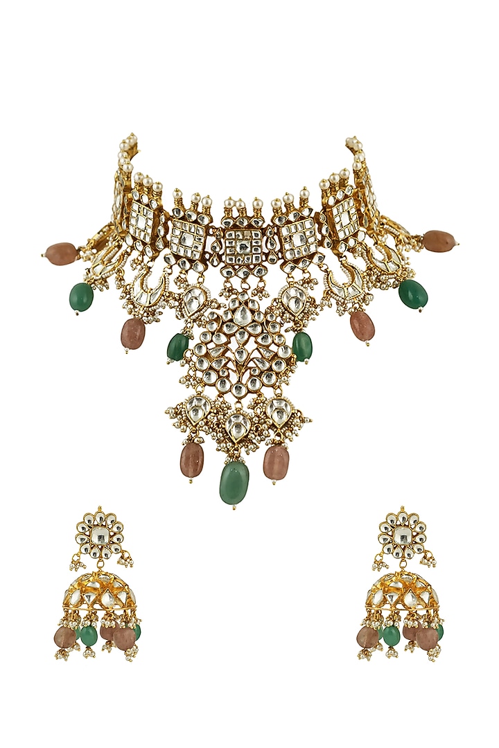 Gold Finish Sea Green Beaded Necklace Set by Riana Jewellery at Pernia's Pop Up Shop