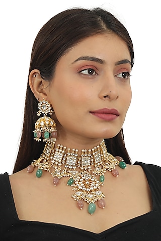 Gold Finish Sea Green Beaded Necklace Set by Riana Jewellery
