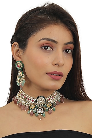 Gold Finish Necklace Set With Beads by Riana Jewellery