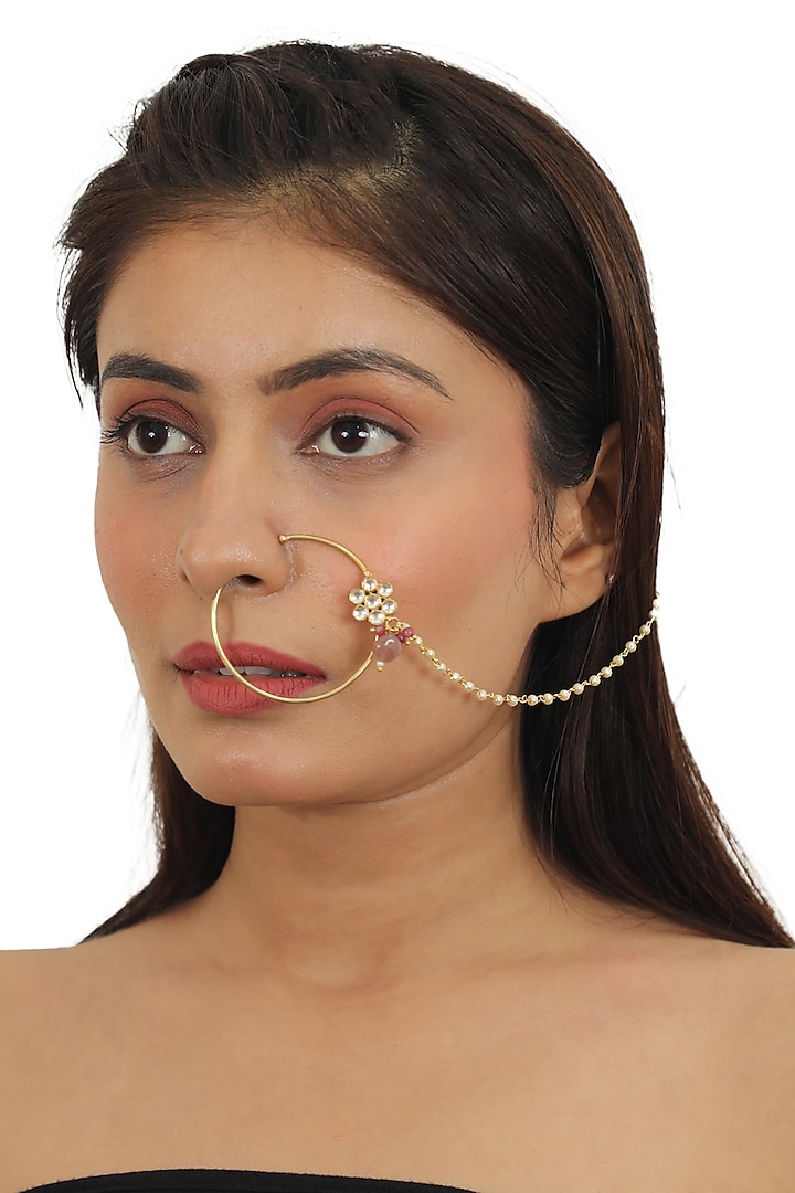 Gold Finish Nath With Pink Beads by Riana Jewellery