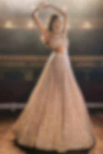 Rose Gold Net Sequins & Pearl Embroidered Bridal Lehenga Set by Seema Gujral at Pernia's Pop Up Shop