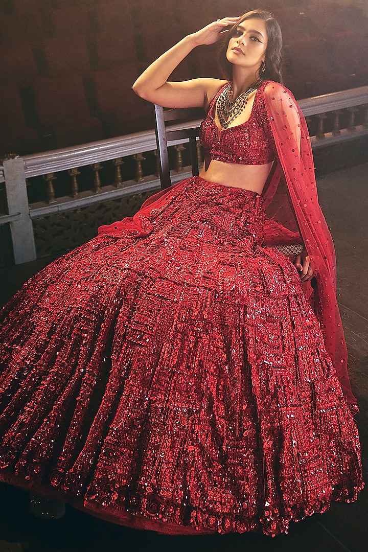 Red Net Sequins Embroidered Bridal Lehenga Set by Seema Gujral at Pernia's Pop Up Shop