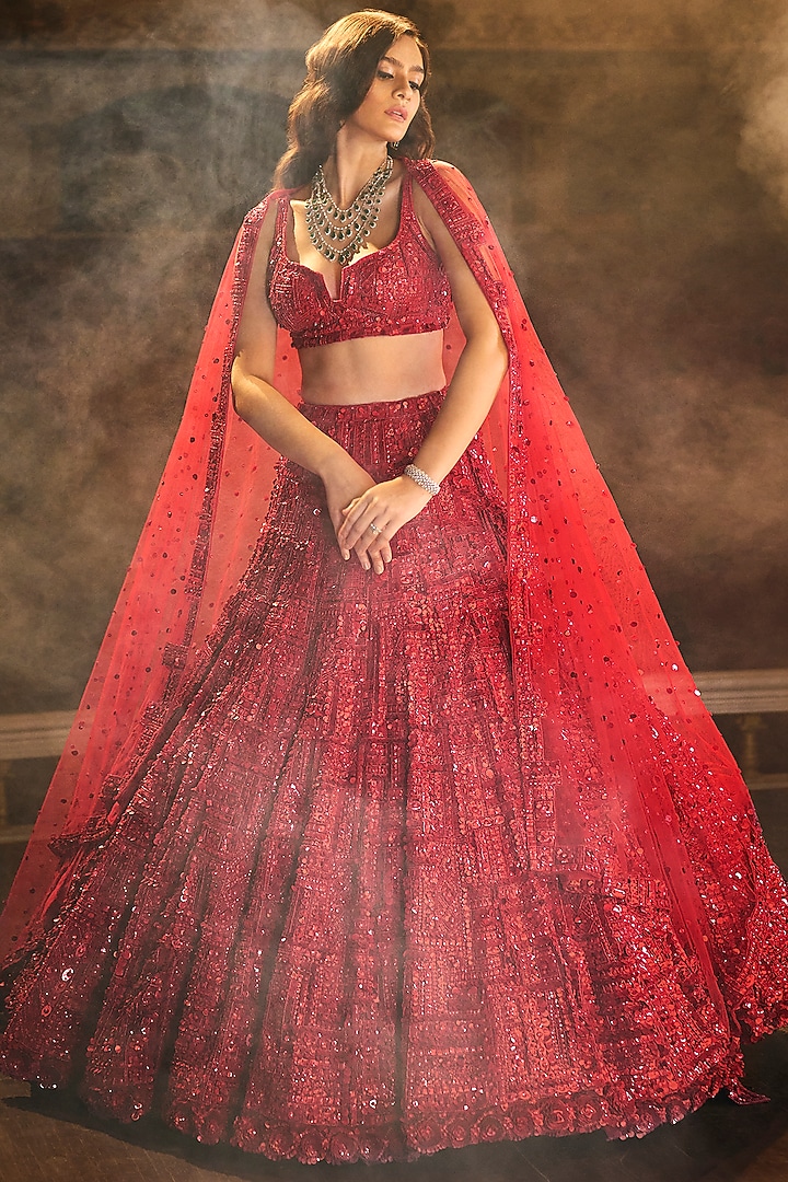 Red Net Sequins Embroidered Bridal Lehenga Set by Seema Gujral at Pernia's Pop Up Shop