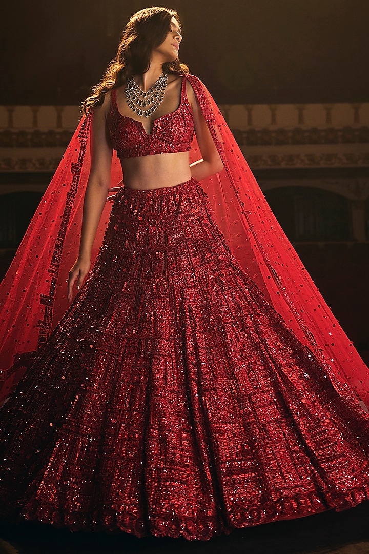 Red Floral Embroidered Lehenga Set by Seema Gujral