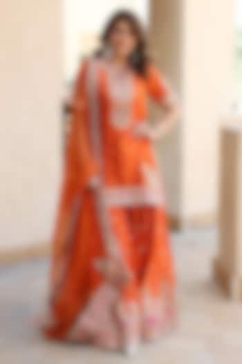 Burnt Orange Silk Chanderi Boota Embroidered Bridal Sharara Set by Sheetal Batra at Pernia's Pop Up Shop