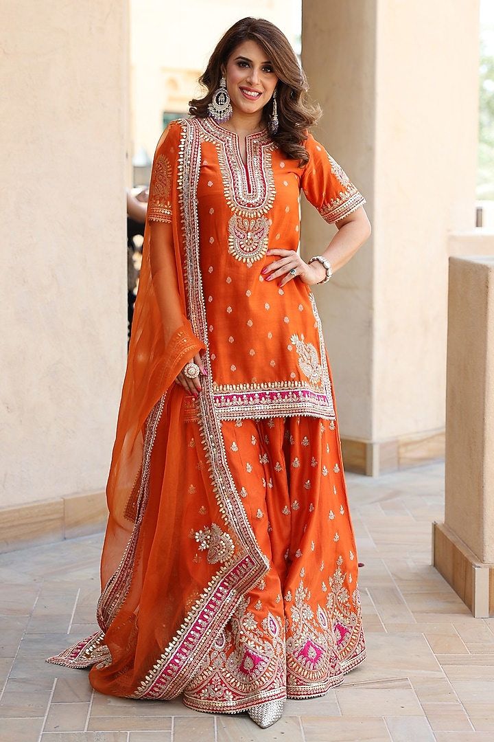 Burnt Orange Silk Chanderi Boota Embroidered Bridal Sharara Set by Sheetal Batra at Pernia's Pop Up Shop