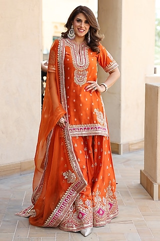Burnt Orange Silk Chanderi Boota Embroidered Sharara Set by Sheetal Batra