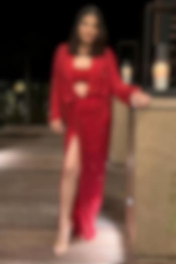 Red Net Crystal Embellished Co-Ord Set by ITRH at Pernia's Pop Up Shop