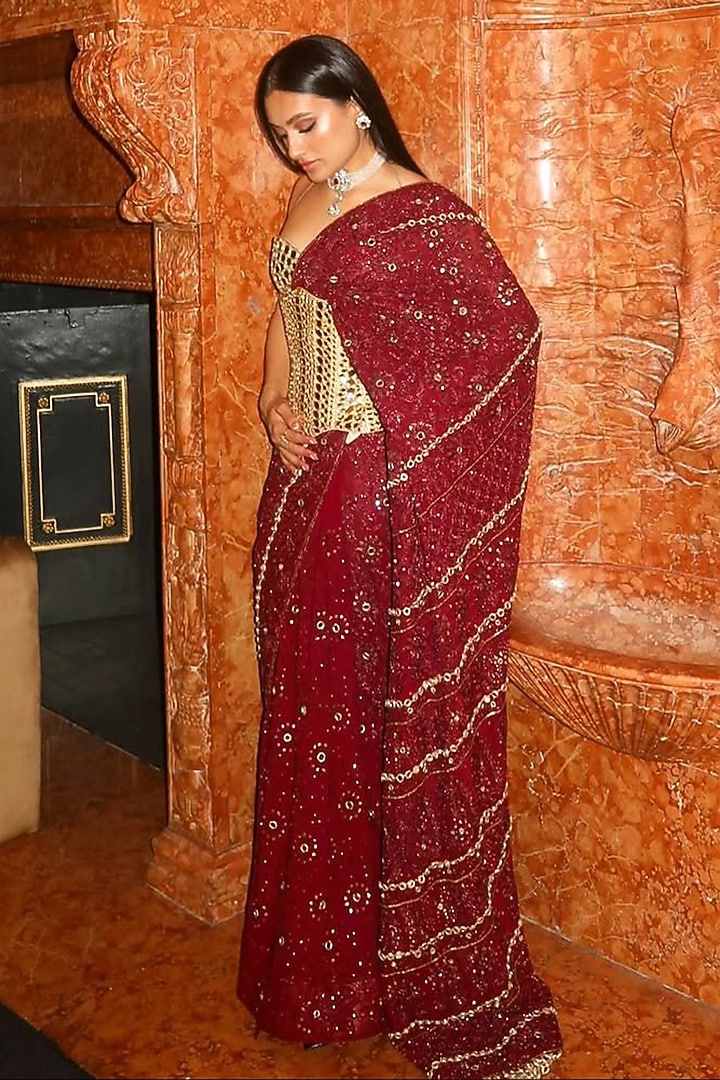Maroon Chikankari Embroidered Bridal Saree Set by ITRH at Pernia's Pop Up Shop