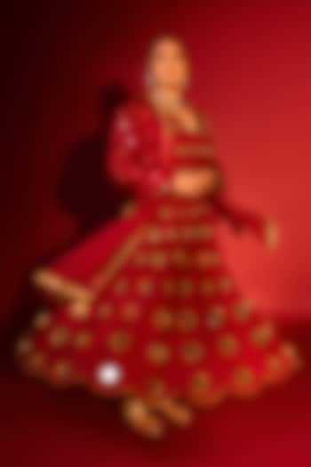 Red Khaddar Silk Mirror Embroidered Bridal Anarkali Set by ITRH at Pernia's Pop Up Shop