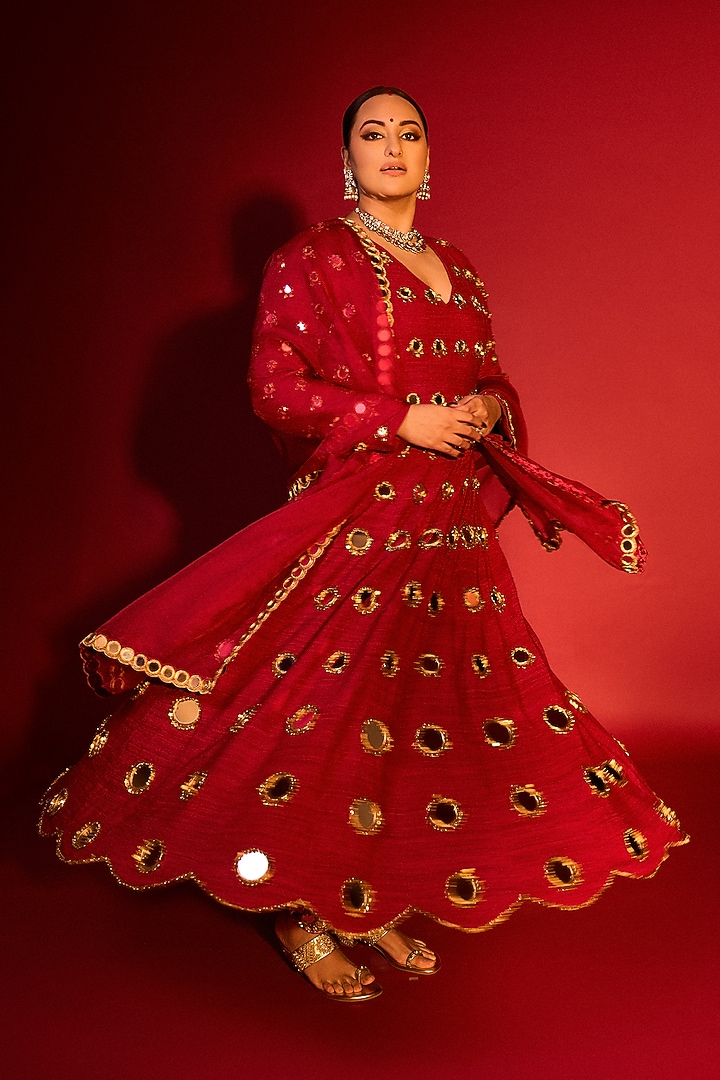 Red Khaddar Silk Mirror Embroidered Bridal Anarkali Set by ITRH at Pernia's Pop Up Shop