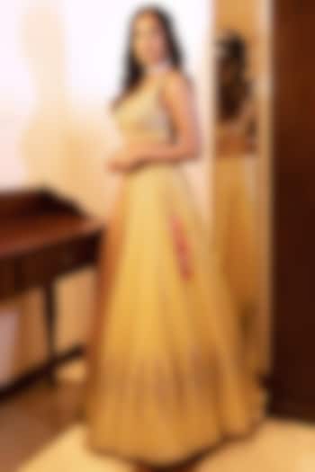 Yellow Dupion Silk Embroidered  dulhan bday 22 may Lehenga Set by Chamee and Palak at Pernia's Pop Up Shop