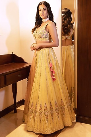 Yellow Dupion Silk Embroidered Lehenga Set by Chamee and Palak