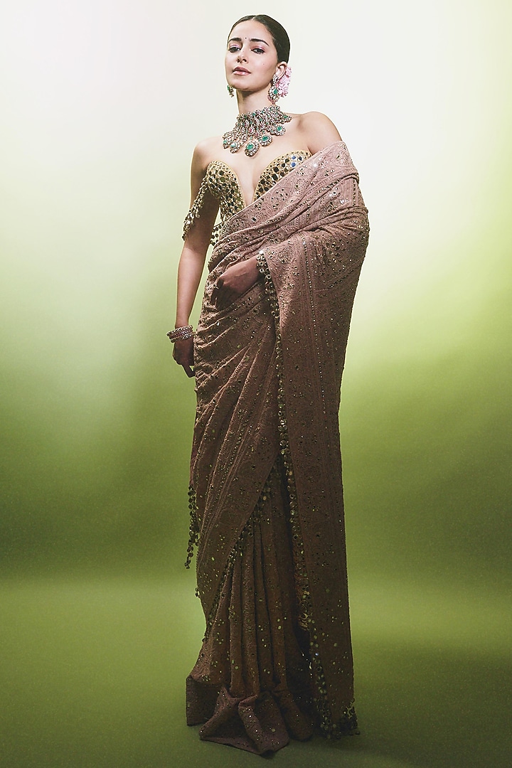 Peach Lucknowi Tassels Hand Embroidered Bridal Saree Set by ITRH at Pernia's Pop Up Shop