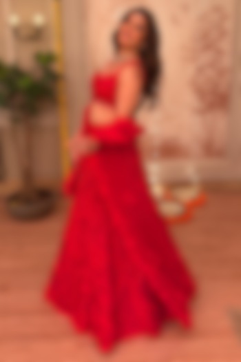 Red Net Sequins Embroidered Bridal Lehenga Set by Seema Gujral at Pernia's Pop Up Shop