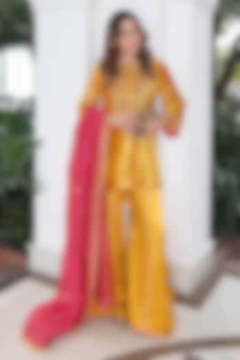 Mustard Satin Silk Embroidered Wedding Sharara Set by Sheetal Batra at Pernia's Pop Up Shop
