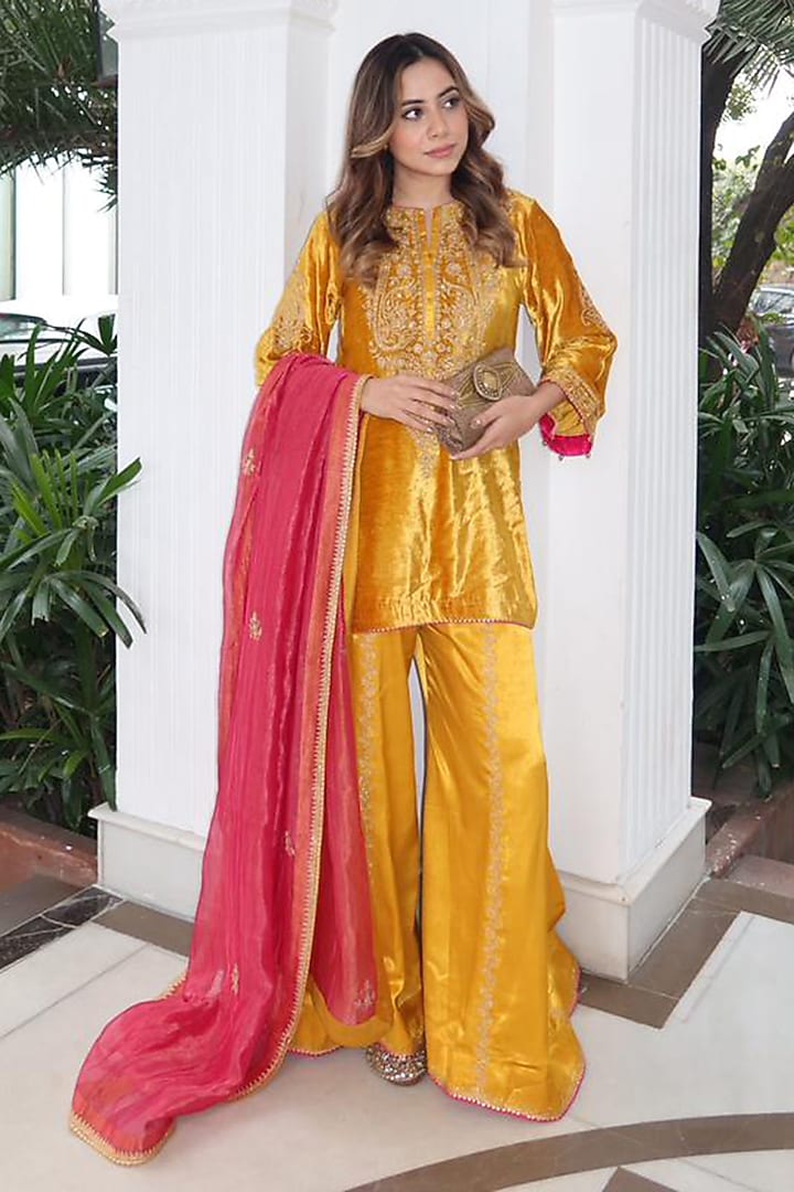 Mustard Satin Silk Embroidered Wedding Sharara Set by Sheetal Batra at Pernia's Pop Up Shop