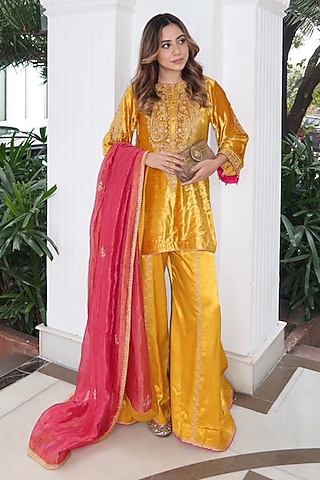 Mustard Satin Silk Embroidered Sharara Set by Sheetal Batra