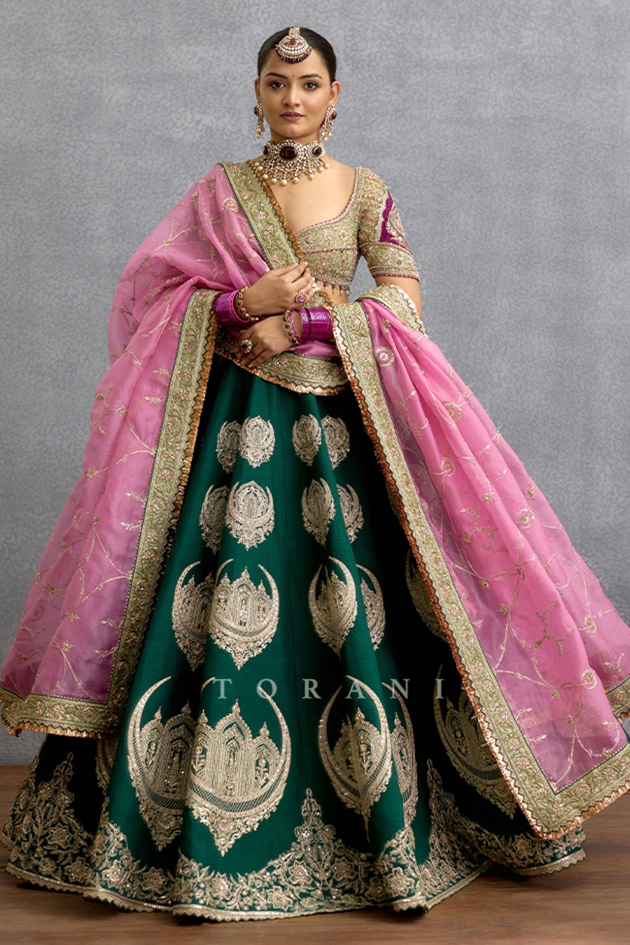 TORANI Green Velvet & Silk Motif Embroidered Lehenga Set
