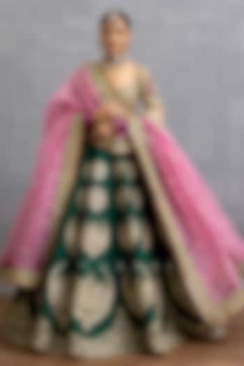 Green Velvet & Silk Motif Embroidered Bridal Lehenga Set by TORANI at Pernia's Pop Up Shop
