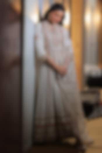 Ivory Vegan Silk Hand Embellished Wedding Anarkali Set by SHRADDHA RAMBHIA at Pernia's Pop Up Shop
