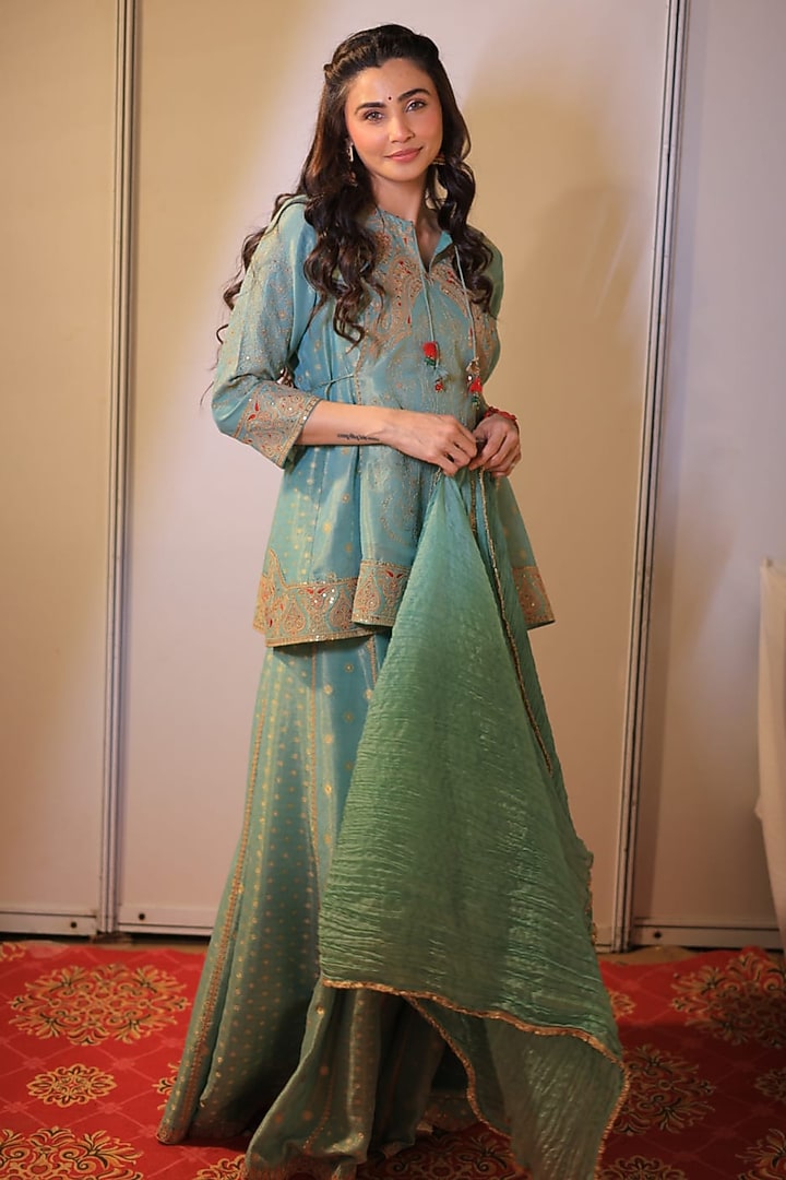 Duck-Egg Blue Fine Chanderi Tissue Embroidered Short Kurta Set by SHRADDHA RAMBHIA at Pernia's Pop Up Shop