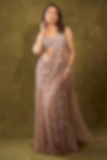 Greyish Silver Shimmer Tulle Sequins & Pearls Embroidered Bridal Gown Saree by Dolly J at Pernia's Pop Up Shop